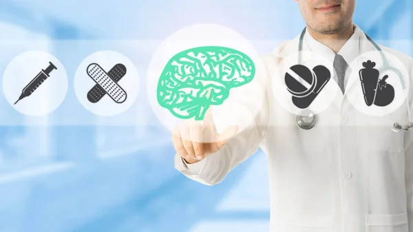Psychologist Doctor Pointing at Brain Symbol Icon