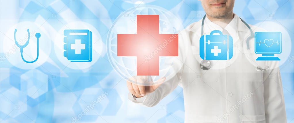 Doctor points at medical cross with medical icons.