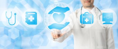 Doktor noktalarda sağlık tıbbi simgeler.