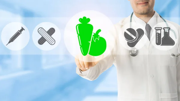 Doctor Points at Vegetable, Fruit and Healthy Food — Stock Photo, Image