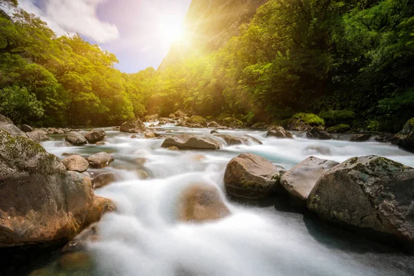 Paisagem fluvial rochosa na floresta tropical, Nova Zelândia — Fotografia de Stock