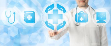 Doktor noktalarda sağlık tıbbi simgeler.