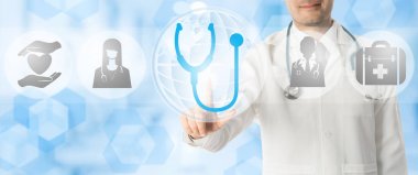 Doktor stetoskop tıbbi simgelerle noktalarda.