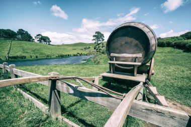 Vintage tonda yeşil çim alandaki şarap varil