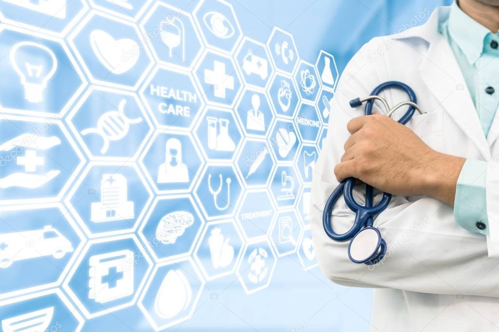 Doctor on medical icons background
