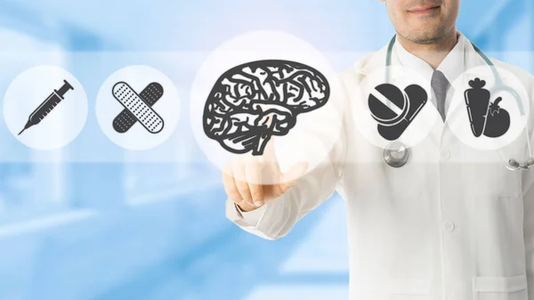Psychologist Doctor Pointing at Brain Symbol Icon — Stock Photo, Image