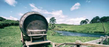 Vintage tonda yeşil çim alandaki şarap varil