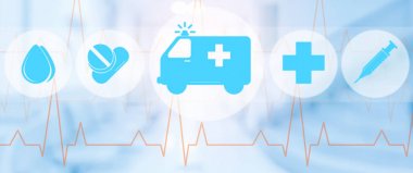 Ambulans ve acil durum simgesi mavi zemin üzerine