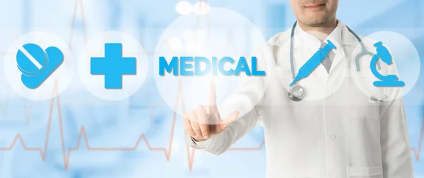 Doctor Points at MEDICAL with Medical Icons — Stock Photo, Image