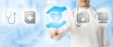 Doktor noktalarda sağlık tıbbi simgeler.