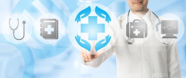 Doktor noktalarda sağlık tıbbi simgeler.