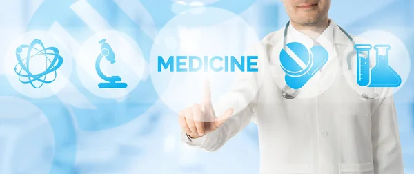 Doctor Points at MEDICINE with Medical Icons — Stock Photo, Image