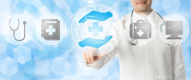 Doktor noktalarda sağlık tıbbi simgeler.