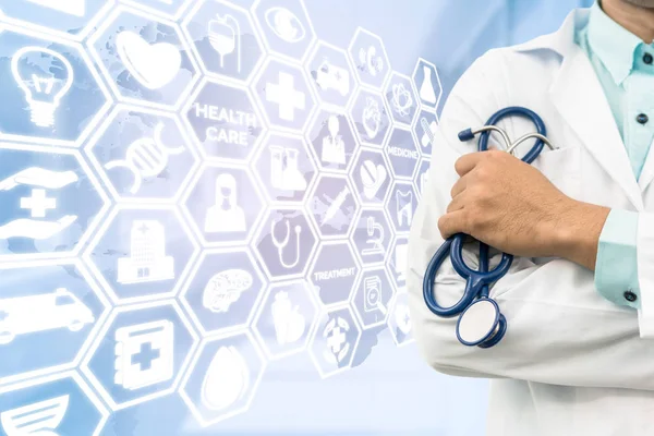 Doctor on medical icons background — Stock Photo, Image