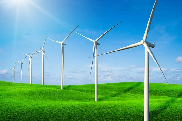 Turbine eoliche fattoria su un'erba verde colline . — Foto Stock