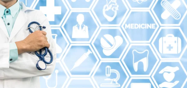 Doctor on medical icons background — Stock Photo, Image