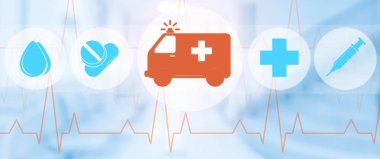 Ambulans ve acil durum simgesi mavi zemin üzerine