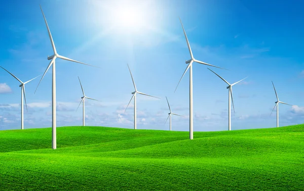 Turbine eoliche fattoria su un'erba verde colline . — Foto Stock
