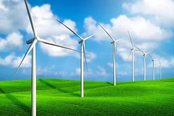 绿色草地上的风力涡轮机农场. — 图库照片