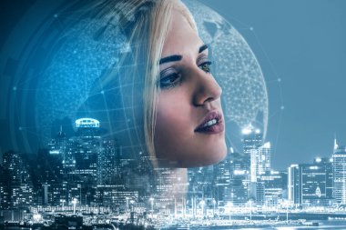 Modern şehir arka planında iş dünyasının çift pozlama görüntüsü. Gelecekteki iş ve iletişim teknolojisi kavramı. Sürreal gelecekçi şehir manzarası ve soyut çoklu pozlama grafik arayüzü.