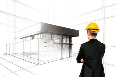 Şehir planlama ve gayrimenkul geliştirme. Mimarlar, şehir çizimine bakıp yaratıcı şehir binaları tasarlıyorlar. Mimarlık hayali ve hırs konsepti.