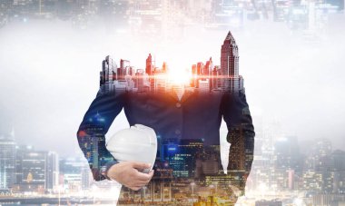 Geleceğin inşaat mühendisliği projesi konsepti ve çift pozlama grafik tasarımı. İnşaat mühendisi, mimar ya da modern sivil ekipman teknolojisiyle çalışan inşaat işçisi.