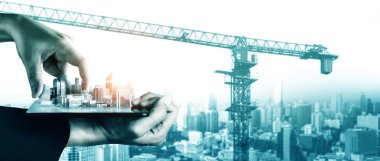 Yenilikçi mimari ve inşaat mühendisliği inşaat projesi. Profesyonel mimar, işçi ve mühendis tarafından yapılan yaratıcı grafik tasarımı altyapı şehir binası kavramını gösteriyor.