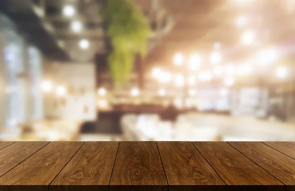 Mesa Madeira Fundo Embaçado Moderna Sala Restaurante Café Com Espaço — Fotografia de Stock
