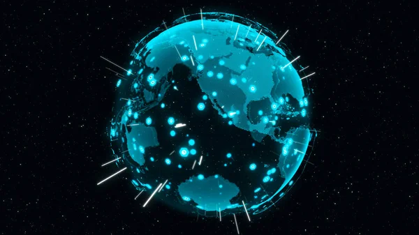 3Dデジタルアースは 星や宇宙背景で回転するグローバルビジネスにおける国際的な人々のグローバルなネットワーク接続の概念を示しています — ストック写真