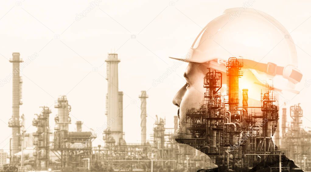 Future factory plant and energy industry concept in creative graphic design. Oil, gas and petrochemical refinery factory with double exposure arts showing next generation of power and energy business.