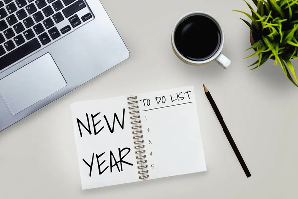 Business Office Desk Met Notebook Geschreven Handschrift Het Plannen Van — Stockfoto