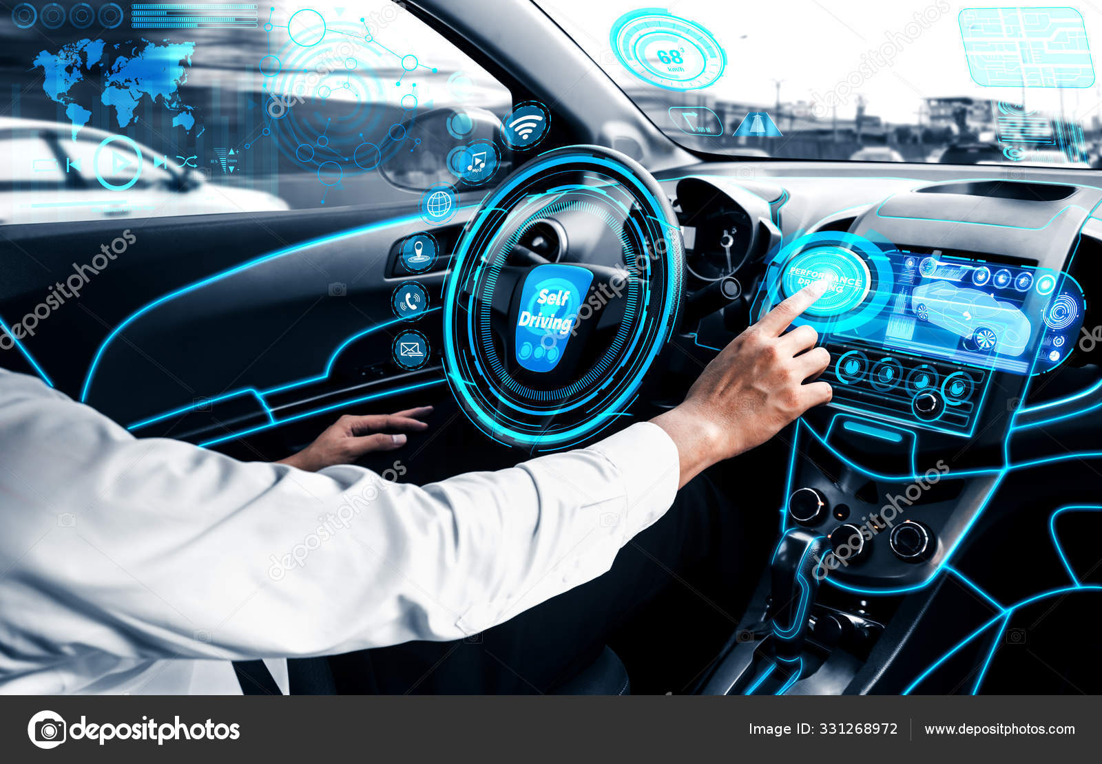 Self Driving Autonomous Car Relaxed Young Man Sitting Driver Seat