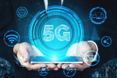 Küresel İş Büyümesi için 5G İletişim Teknolojisi Kablosuz İnternet Ağı, Sosyal Medya, Dijital E-ticaret ve Eğlence Ev Kullanımı.