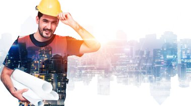 Geleceğin inşaat mühendisliği projesi konsepti ve çift pozlama grafik tasarımı. İnşaat mühendisi, mimar ya da modern sivil ekipman teknolojisiyle çalışan inşaat işçisi.