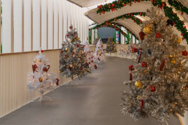 Aralık 2019 'da Noel Festivali' nde şehir merkezinde yürüyüş yolu boyunca Noel ağacı süslemesi.