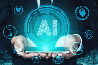 AI Öğrenme ve Yapay Zeka Kavramı - Bilgisayar, makine düşünme ve Dijital Robot Aygıtların Yapay Zeka Arayüzünü gösteren Simge Grafiksel Arayüzü.
