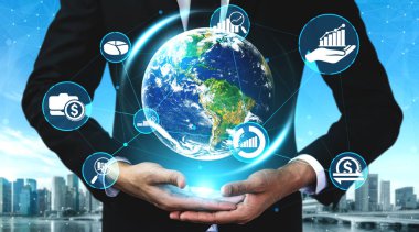 Finans ve Para İşlem Teknolojisi Konsepti. Modern bilgisayar uygulamasında fintech ticaret alışverişini, kar istatistik analizini ve pazar analisti hizmetini gösteren simge grafik arayüzü.