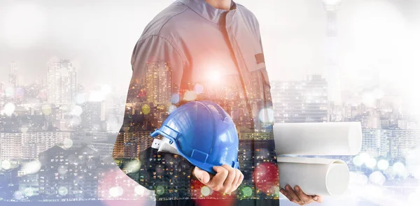 Future Building Construction Engineering Project Concept Double Exposure Graphic Design — Stock Photo, Image