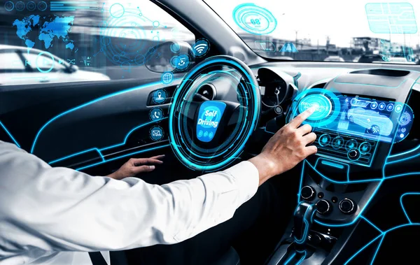 Self Driving Autonomous Car Relaxed Young Man Sitting Driver Seat — Stock Photo, Image