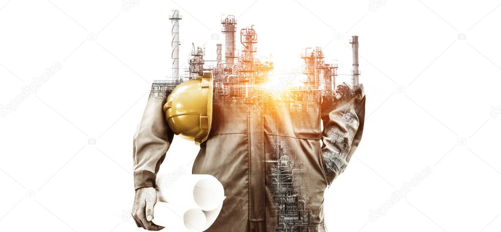 Future factory plant and energy industry concept in creative graphic design. Oil, gas and petrochemical refinery factory with double exposure arts showing next generation of power and energy business.