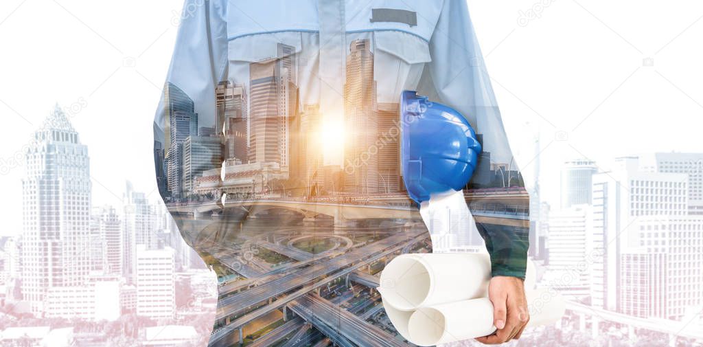 Future building construction engineering project concept with double exposure graphic design. Building engineer, architect people or construction worker working with modern civil equipment technology.