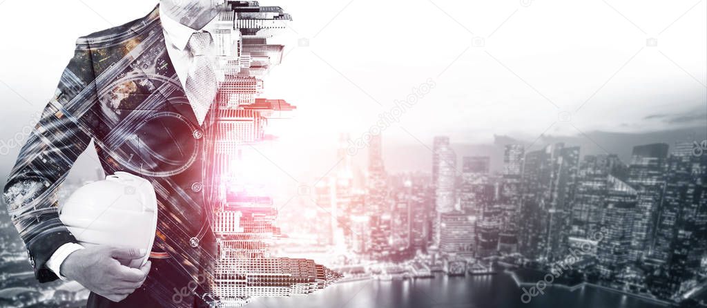 Future building construction engineering project concept with double exposure graphic design. Building engineer, architect people or construction worker working with modern civil equipment technology.