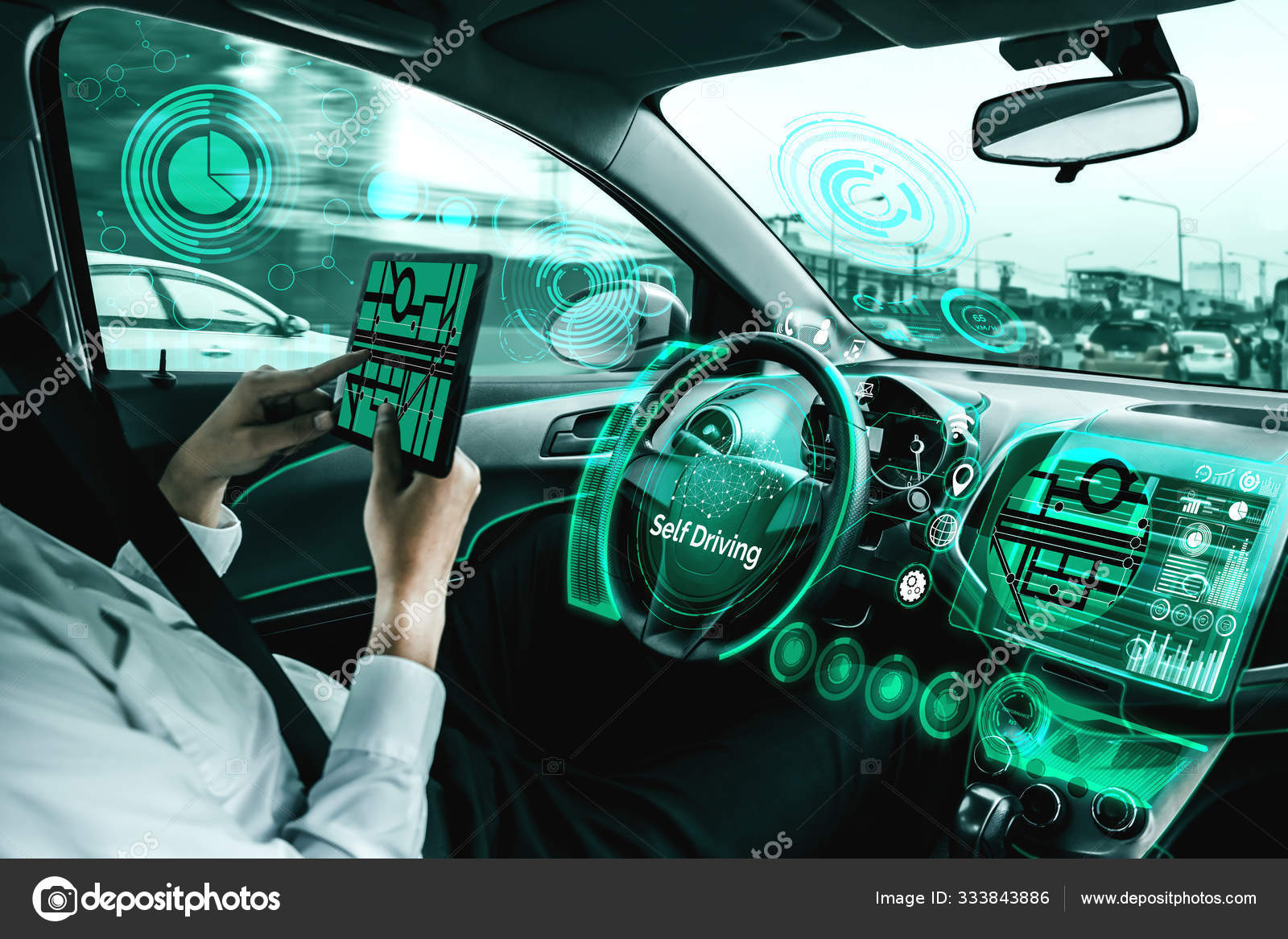 Self Driving Autonomous Car Relaxed Young Man Sitting Driver Seat