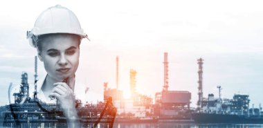 Yaratıcı grafik tasarımında gelecek fabrika ve enerji endüstrisi konsepti. Petrol, gaz ve petrokimyasal rafineri fabrikası yeni nesil enerji ve enerji sektörünü gösteriyor..