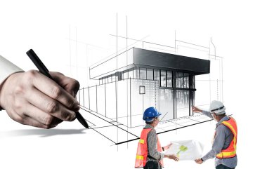 Şehir planlama ve gayrimenkul geliştirme. Mimarlar, şehir çizimine bakıp yaratıcı şehir binaları tasarlıyorlar. Mimarlık hayali ve hırs konsepti.