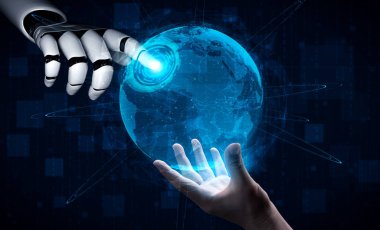 Yaşayan insanların geleceği için robot ve sayborg gelişimi üzerine yapay zeka yapay zekası araştırması. Bilgisayar beyin iletişimi için dijital veri madenciliği ve makine öğrenme teknolojisi tasarımı.