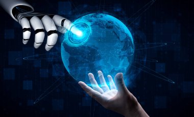 Yaşayan insanların geleceği için robot ve sayborg gelişimi üzerine yapay zeka yapay zekası araştırması. Bilgisayar beyin iletişimi için dijital veri madenciliği ve makine öğrenme teknolojisi tasarımı.