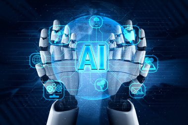 Yaşayan insanların geleceği için robot ve sayborg gelişimi üzerine yapay zeka yapay zekası araştırması. Bilgisayar beyin iletişimi için dijital veri madenciliği ve makine öğrenme teknolojisi tasarımı.