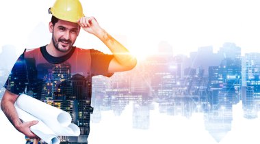 Geleceğin inşaat mühendisliği projesi konsepti ve çift pozlama grafik tasarımı. İnşaat mühendisi, mimar ya da modern sivil ekipman teknolojisiyle çalışan inşaat işçisi.