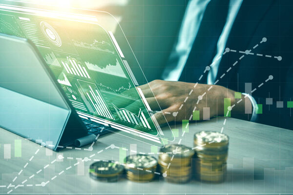 Анализ данных для концепции бизнеса и финансов. Графический интерфейс, показывающий будущие компьютерные технологии аналитического, онлайн маркетингового исследования и информационного отчета для цифровой бизнес-стратегии.